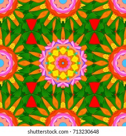Vector sketch of many abstract flowers in green, orange and pink colors. Hand drawn seamless flower illustration. Seamless pattern abstract floral background.