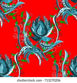Vector sketch of many abstract flowers in red, blue and green colors. Hand drawn seamless flower illustration. Seamless pattern abstract floral background.