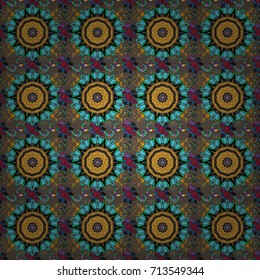 Vector sketch of many abstract flowers in brown, black and blue colors. Hand drawn seamless flower illustration. Seamless pattern abstract floral background.