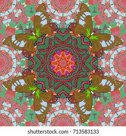 Vector sketch of many abstract flowers in brown, pink and green colors. Hand drawn seamless flower illustration. Seamless pattern abstract floral background.
