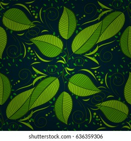 Vector sketch of many abstract leaves in blue colors. Hand drawn seamless leaf illustration. Seamless pattern abstract floral background.