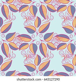 Vector sketch of many abstract leaves in blue colors. Hand drawn seamless leaf illustration. Seamless pattern abstract floral background.