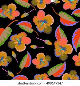 Vector sketch of many abstract multicolored flowers on a black background. Hand drawn seamless pattern flower illustration. Multicolor seamless abstract floral background.