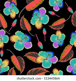 Vector sketch of many abstract multicolored flowers on a black background. Hand drawn seamless pattern flower illustration. Multicolor seamless abstract floral background.