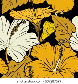 Vector sketch of many abstract multicolored flowers on a black background. Hand drawn seamless pattern flower illustration. Multicolor seamless abstract floral background.