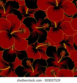 Vector sketch of many black and red flowers. Hand drawn seamless flower illustration. Seamless pattern of black and red hibiscus floral background.