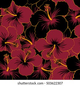Vector sketch of many black and red flowers. Hand drawn seamless flower illustration. Seamless pattern of black and red hibiscus floral background.