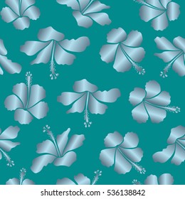 Vector sketch of many blue and neutral flowers. Hand drawn seamless flower illustration. Seamless pattern of blue and neutral hibiscus floral background.