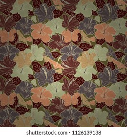 Vector sketch of many brown and beige flowers. Hand drawn seamless flower illustration. Seamless pattern of brown and beige hibiscus floral background.