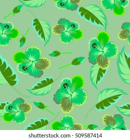 Vector sketch of many green flowers. Hand drawn seamless flower illustration. Seamless pattern of green hibiscus floral background.