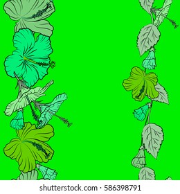 Vector sketch of many green flowers and copy space (place for your text). Hand drawn flower illustration. Of green hibiscus floral background.
