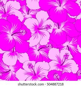 Vector sketch of many magenta flowers. Hand drawn seamless flower illustration. Seamless pattern of magenta hibiscus floral background.