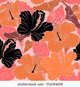 Vector sketch of many pink, red and orange flowers. Hand drawn seamless flower illustration. Seamless pattern of pink, red and orange hibiscus floral background.