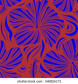 Vector sketch of many purple, red and blue flowers. Hand drawn seamless flower illustration. Seamless pattern of purple, red and blue hibiscus floral background.