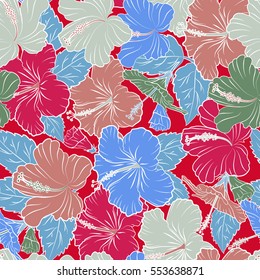 Vector sketch of many red, pink and blue flowers. Hand drawn seamless flower illustration. Seamless pattern of red, pink and blue hibiscus floral background.
