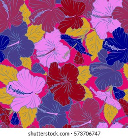 Vector sketch of many violet, blue and yellow flowers. Hand drawn seamless flower illustration. Seamless pattern of violet, blue and yellow hibiscus floral background.