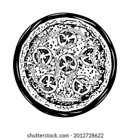 Vector sketch of Margherita pizza. Tasty Italian pizza topped with cheese, tomatoes and arugula. Vector black and white illustration.