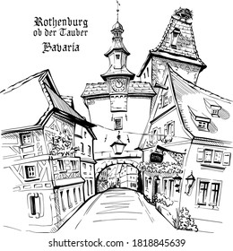 Vector sketch of Markusturm in medieval old town of Rothenburg ob der Tauber, Bavaria