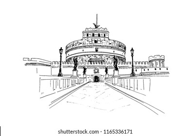 Vector sketch of The Mausoleum of Hadrian, usually known as Castel Sant'Angelo (Castle of the Holy Angel) and Sant' Angelo Bridge. Rome. Italy.