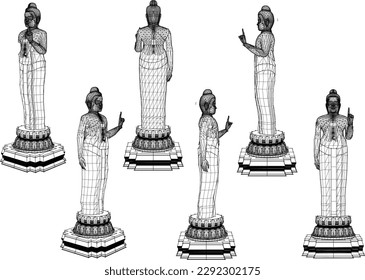 Esbozo vectorial de la meditación en pie estatua de buddha