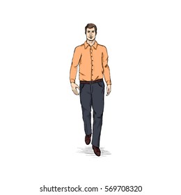 Vector Sketch Men Model in Long Sleeve Shirt and Trousers. Business dress code.