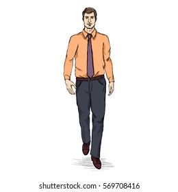 Vector Sketch Men Model in Shirt and Tie. Business dress code.