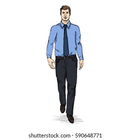 Vector Sketch Men Model in Shirt and Tie. Business dress code.