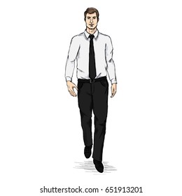 Vector Sketch Men Model in Shirt and Tie. Business dress code.