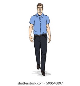 Vector Sketch Men Model In Short Sleeve Shirt. Smart Casual Dress Code.