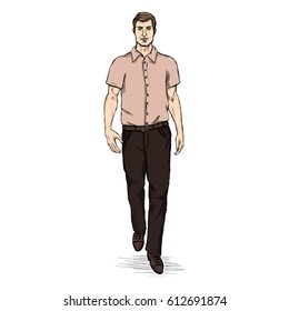 Vector Sketch Men Model in Short Sleeve Shirt. Business dress code.