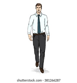 Vector Sketch Men Model in White Shirt and Blue Tie. Business dress code.