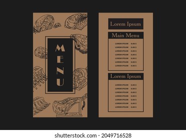 Vector sketch menu for meat restaurant. Food menu design elements. Restaurant cafe menu, template design. Food flyer. Vector.