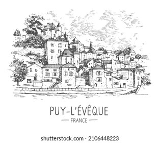 Vector sketch of Puy-L'Évêque, Midi-Pyrenees, France. Hand drawing of medieval town. The beautiful old town in France. Hand drawn travel postcard. Sketch in black color isolated on white background.