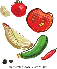 Mezcla de croquis de Vector de las verduras tomate, pimiento, repollo, ajo, zanahoria, pepino, pimienta