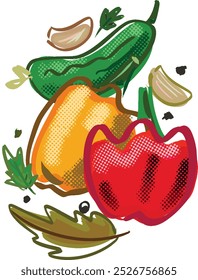 Vector sketch mix of the vegetables tomato, capsicum, cabbage, garlic, carrot, cucumber, pepper