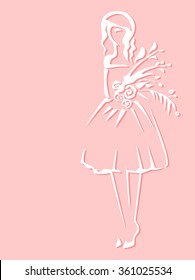 Vector sketch of the model in bride dress with flowers on the pink background for design.