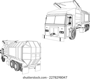 Esbozo vectorial de la ilustración moderna del coche de camión de basura