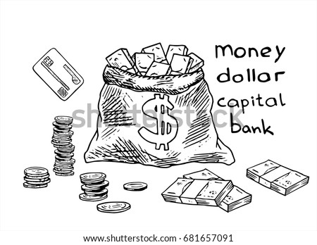 Vector sketch of money. A bundle of money, a bag, bills, a card, coins, dollars drawn by hand. Elements for your design