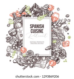 Vector sketch monochrome spanish cuisine dishes background. Mediterranean food set. Black and white hand drawn illustration with meat, wine, jamon, vegetables, salads olive