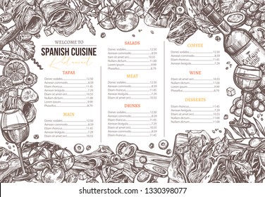 Vector sketch monochrome spanish cuisine dishes background. Design and template for menu with hand drawn illustration of meat, wine, jamon, vegetables, salads olive. Mediterranean food set