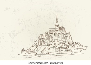 Vector sketch of Mont Saint Michel. Normandy, France. Retro style.