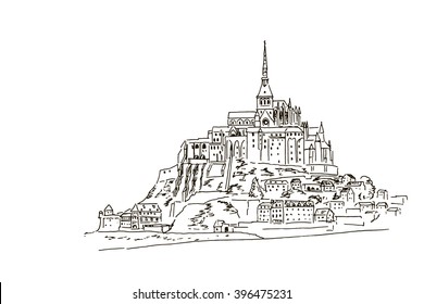 Vector sketch of Mont Saint Michel. Normandy, France.