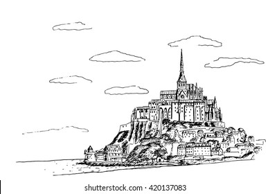 Vector sketch of Mont Saint Michel. Normandy, France.