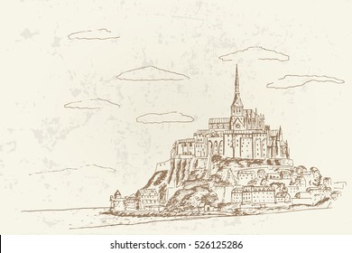 Vector sketch of Mont Saint Michel. Normandy, France. Retro style.