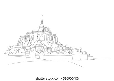 Vector sketch of Mont Saint Michel. Normandy, France.