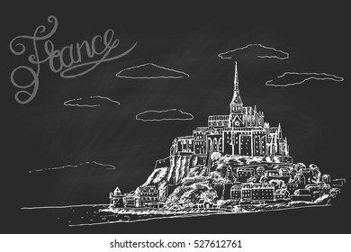 Vector sketch of Mont Saint Michel on black chalk board. Normandy, France.