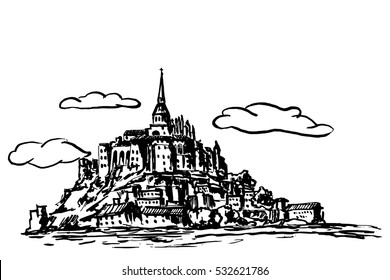 Vector sketch of Mont Saint Michel. Normandy, France.