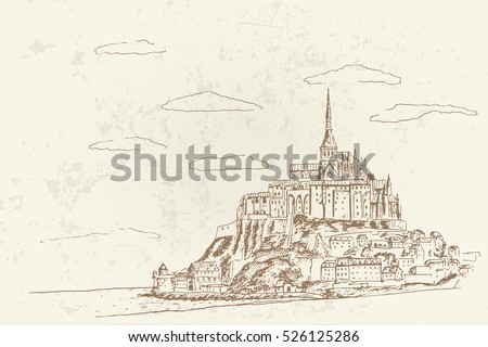 Vector sketch of Mont Saint Michel. Normandy, France. Retro style.
