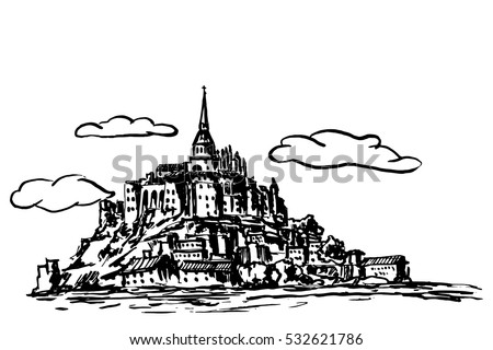 Vector sketch of Mont Saint Michel. Normandy, France.