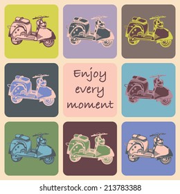 Vector sketch moped background with quote: Enjoy every moment.